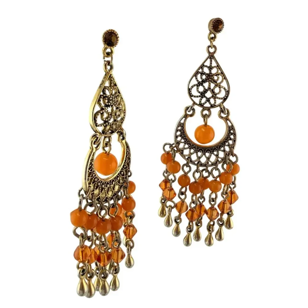 Boho Ornate Filigree Chandelier Orange Bead Dangle Drop Gold Tone 3
